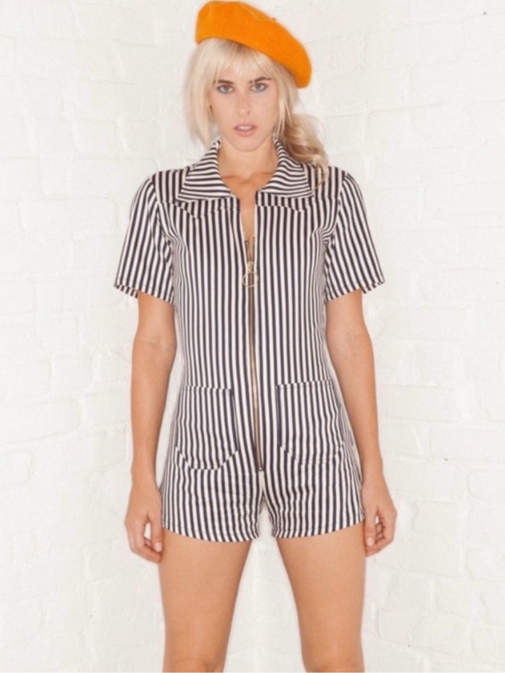 NWOT Lykke Wullf Janae Striped Utility Romper | Navy & Cream | Small